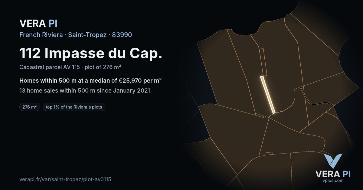 112 Impasse du Cap, Saint-Tropez at night – the plot lit, the parcels around coloured by the prices near them