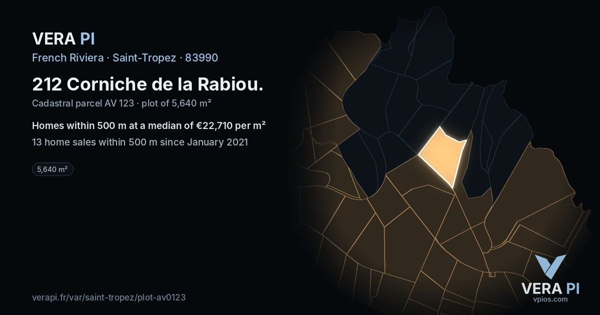 212 Corniche de la Rabiou, Saint-Tropez at night – the plot lit, the parcels around coloured by the prices near them
