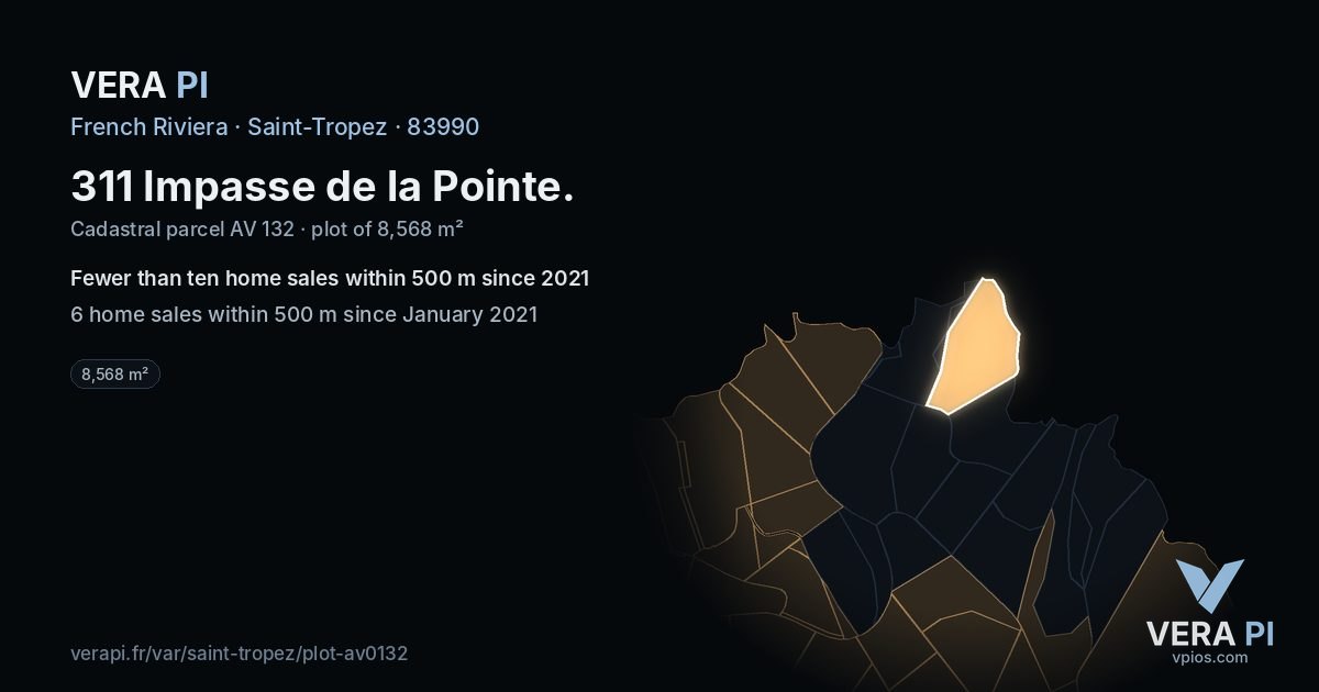 311 Impasse de la Pointe, Saint-Tropez at night – the plot lit, the parcels around coloured by the prices near them