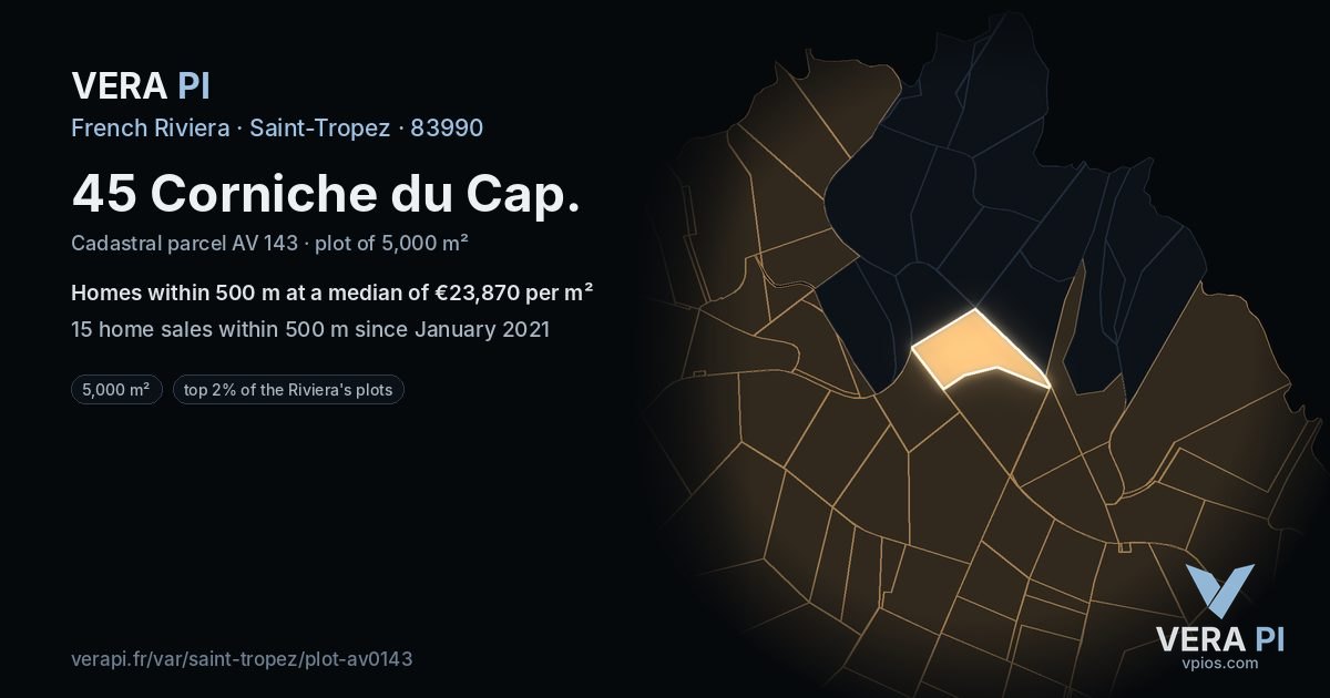 45 Corniche du Cap, Saint-Tropez at night – the plot lit, the parcels around coloured by the prices near them
