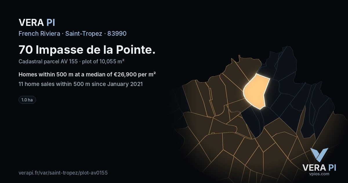 70 Impasse de la Pointe, Saint-Tropez at night – the plot lit, the parcels around coloured by the prices near them