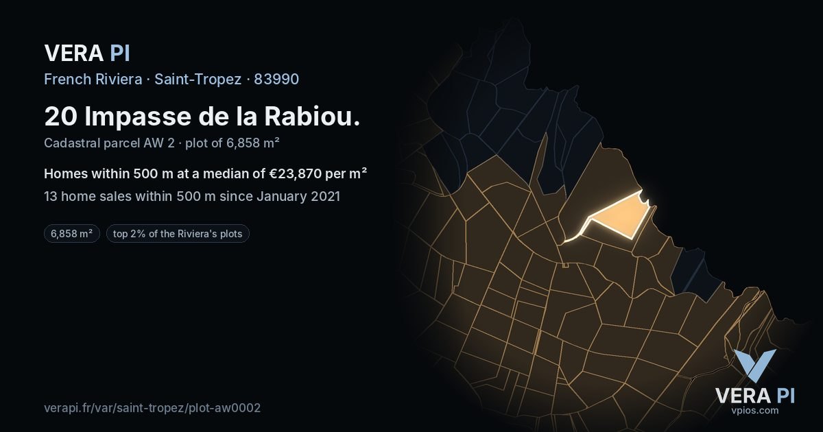 20 Impasse de la Rabiou, Saint-Tropez at night – the plot lit, the parcels around coloured by the prices near them