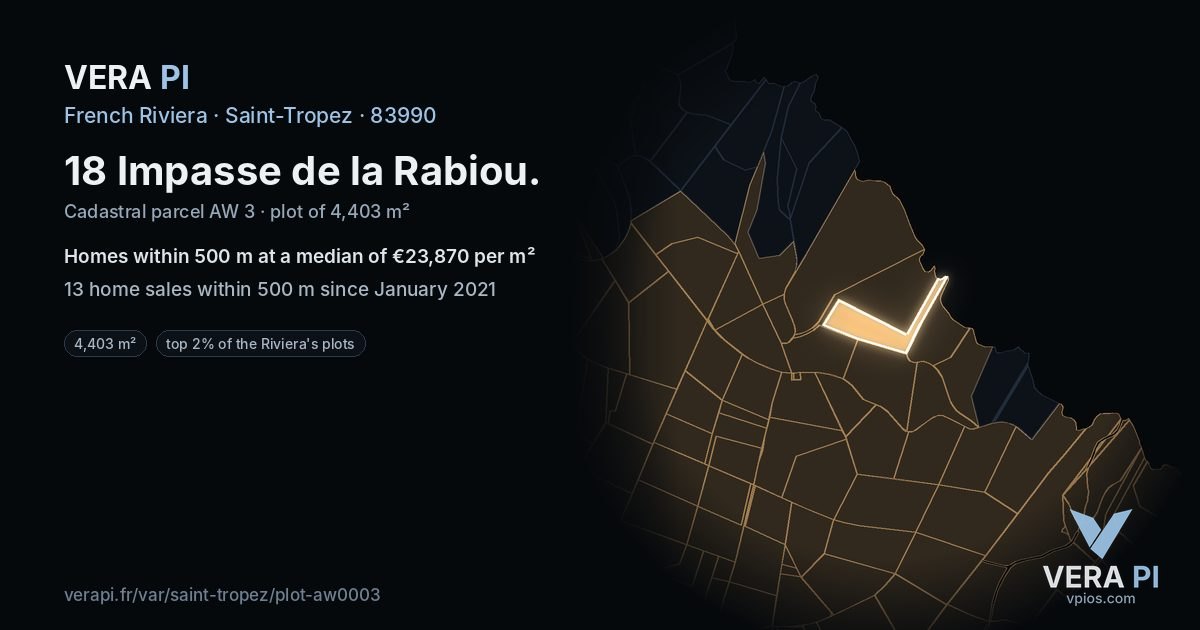 18 Impasse de la Rabiou, Saint-Tropez at night – the plot lit, the parcels around coloured by the prices near them