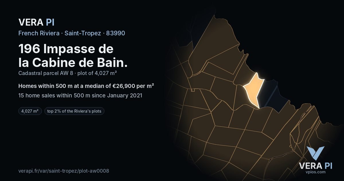 196 Impasse de la Cabine de Bain, Saint-Tropez at night – the plot lit, the parcels around coloured by the prices near them
