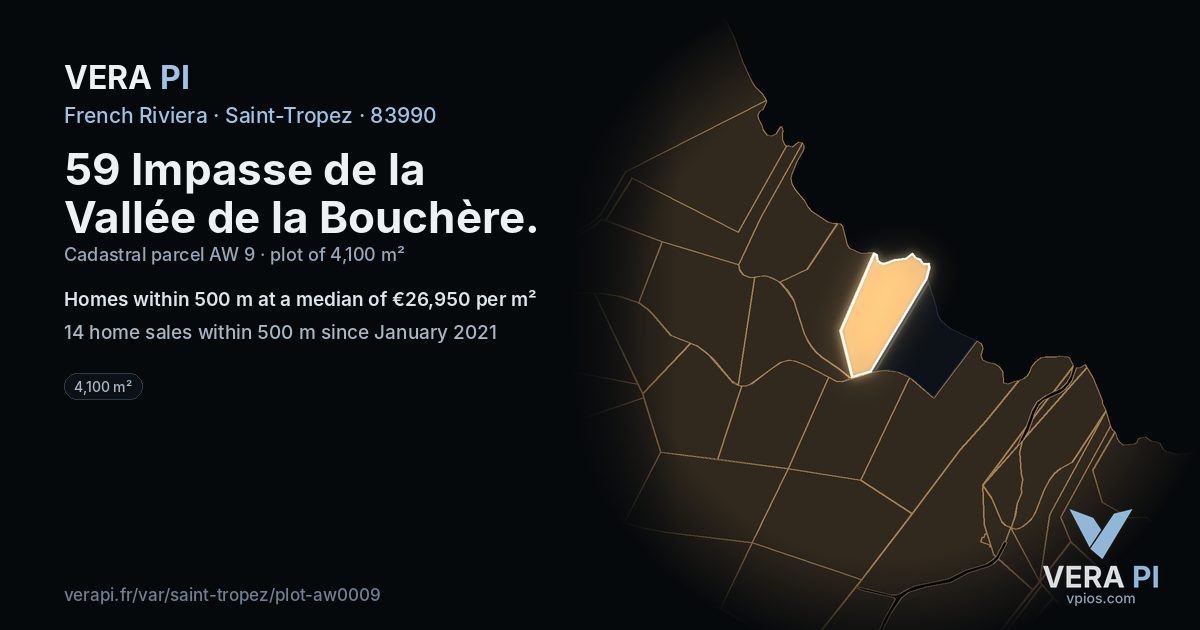 59 Impasse de la Vallée de la Bouchère, Saint-Tropez at night – the plot lit, the parcels around coloured by the prices near them
