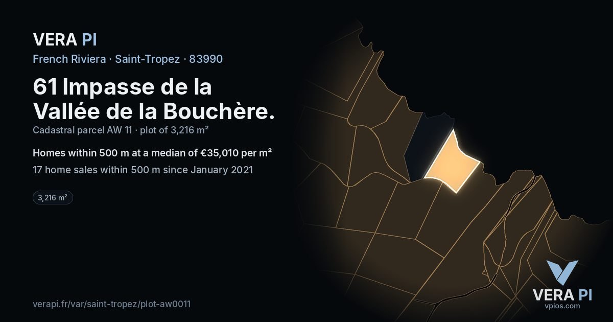 61 Impasse de la Vallée de la Bouchère, Saint-Tropez at night – the plot lit, the parcels around coloured by the prices near them