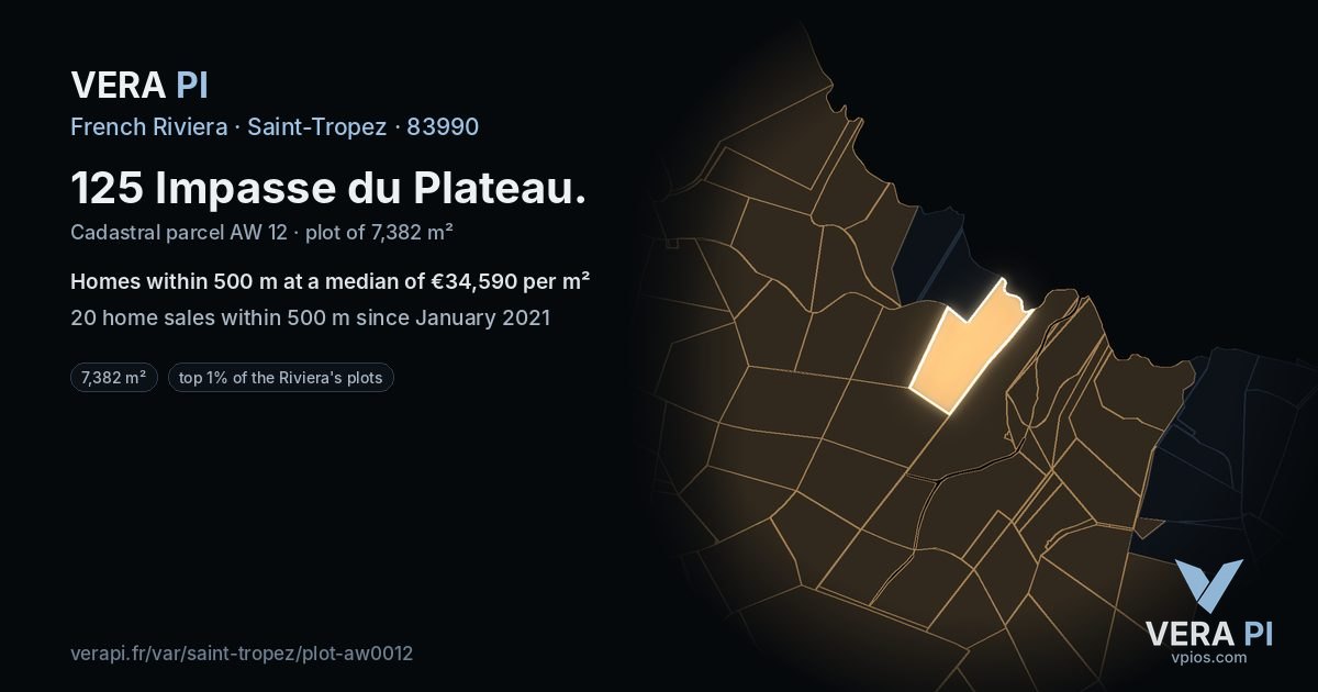 125 Impasse du Plateau, Saint-Tropez at night – the plot lit, the parcels around coloured by the prices near them