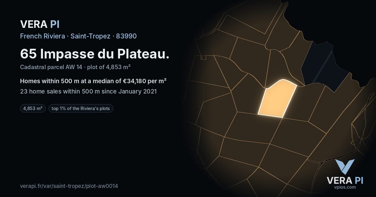 65 Impasse du Plateau, Saint-Tropez at night – the plot lit, the parcels around coloured by the prices near them