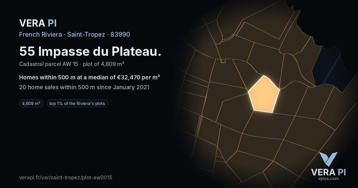 55 Impasse du Plateau, Saint-Tropez at night – the plot lit, the parcels around coloured by the prices near them