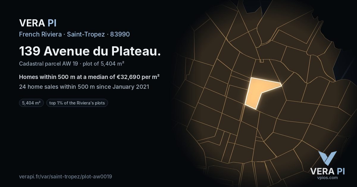 139 Avenue du Plateau, Saint-Tropez at night – the plot lit, the parcels around coloured by the prices near them