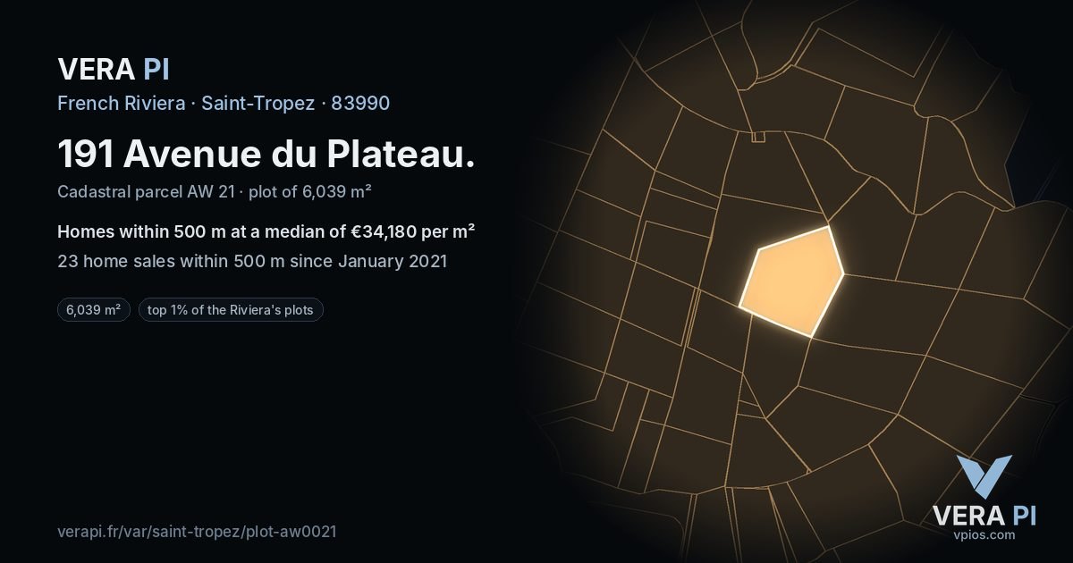 191 Avenue du Plateau, Saint-Tropez at night – the plot lit, the parcels around coloured by the prices near them