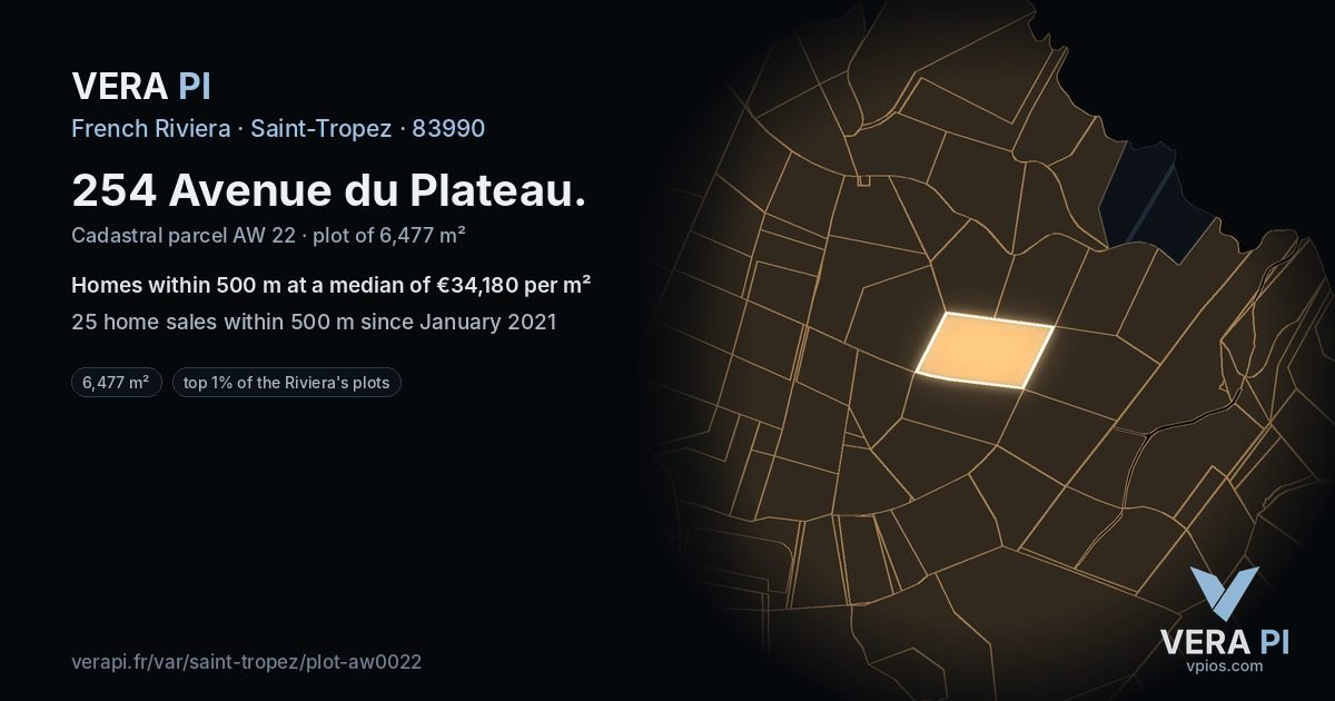254 Avenue du Plateau, Saint-Tropez at night – the plot lit, the parcels around coloured by the prices near them