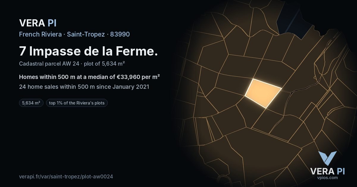 7 Impasse de la Ferme, Saint-Tropez at night – the plot lit, the parcels around coloured by the prices near them