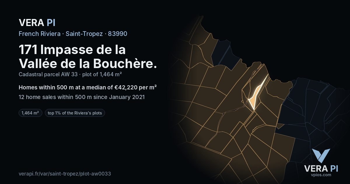 171 Impasse de la Vallée de la Bouchère, Saint-Tropez at night – the plot lit, the parcels around coloured by the prices near them