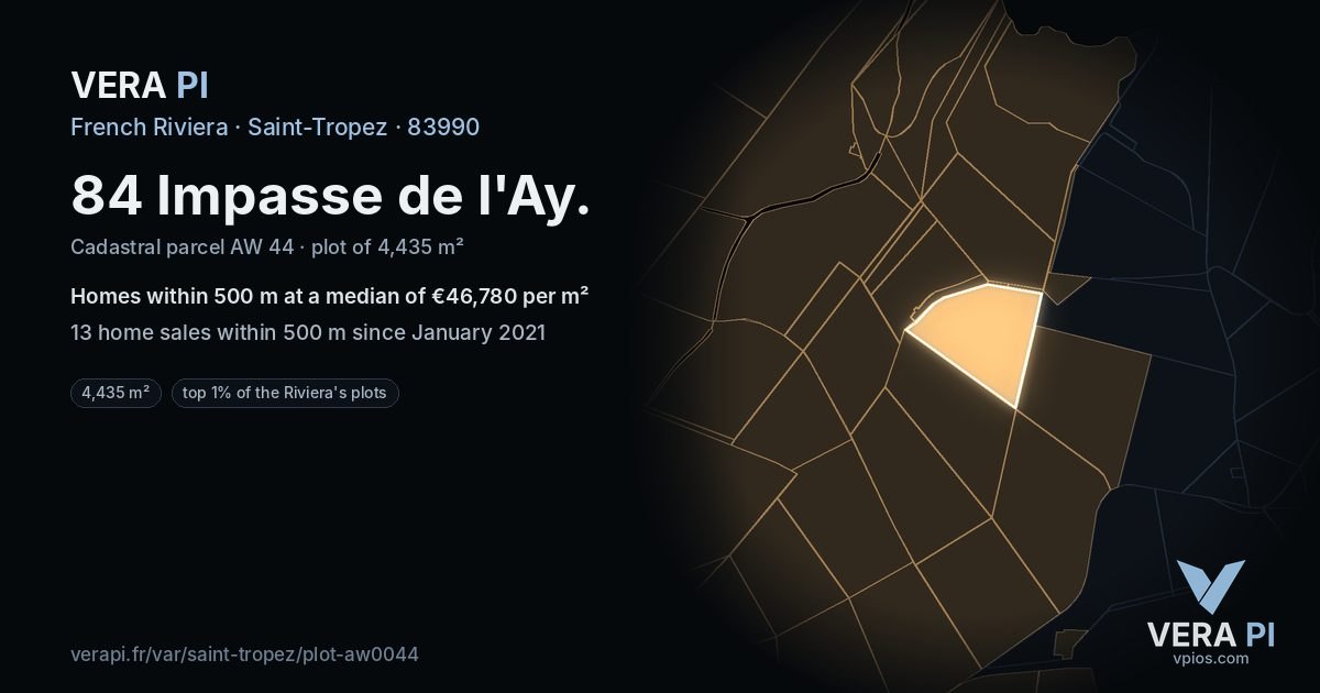 84 Impasse de l'Ay, Saint-Tropez at night – the plot lit, the parcels around coloured by the prices near them