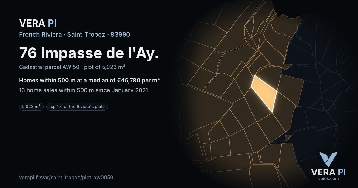 76 Impasse de l'Ay, Saint-Tropez at night – the plot lit, the parcels around coloured by the prices near them
