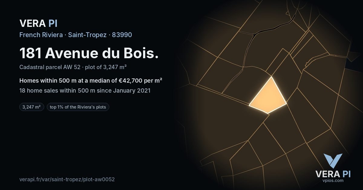 181 Avenue du Bois, Saint-Tropez at night – the plot lit, the parcels around coloured by the prices near them