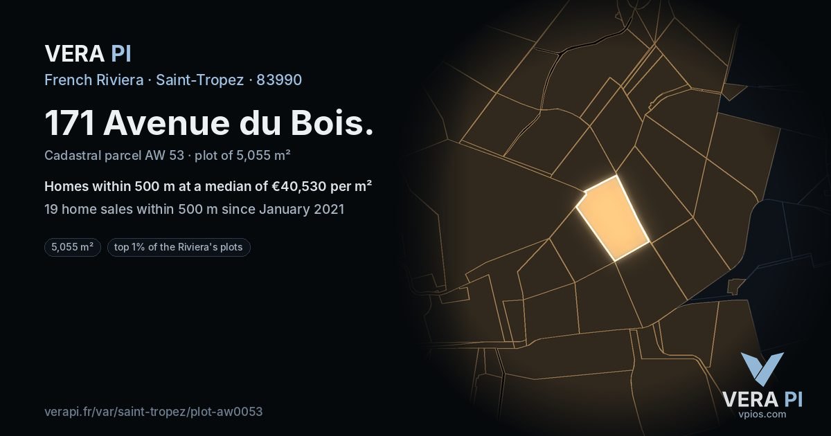 171 Avenue du Bois, Saint-Tropez at night – the plot lit, the parcels around coloured by the prices near them