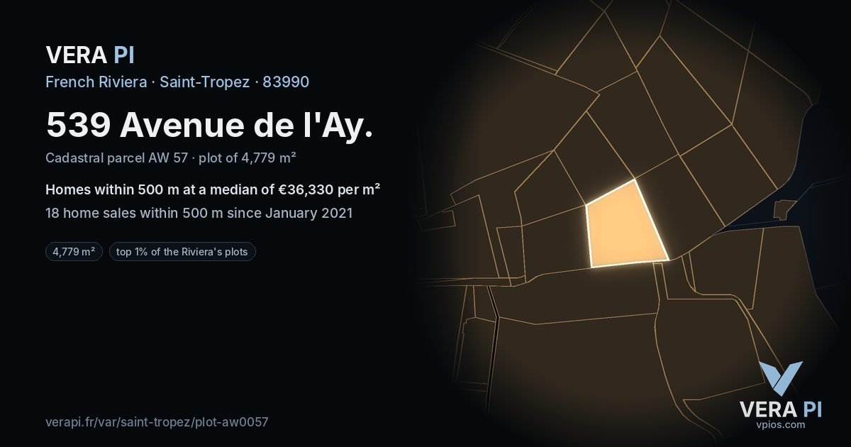 539 Avenue de l'Ay, Saint-Tropez at night – the plot lit, the parcels around coloured by the prices near them