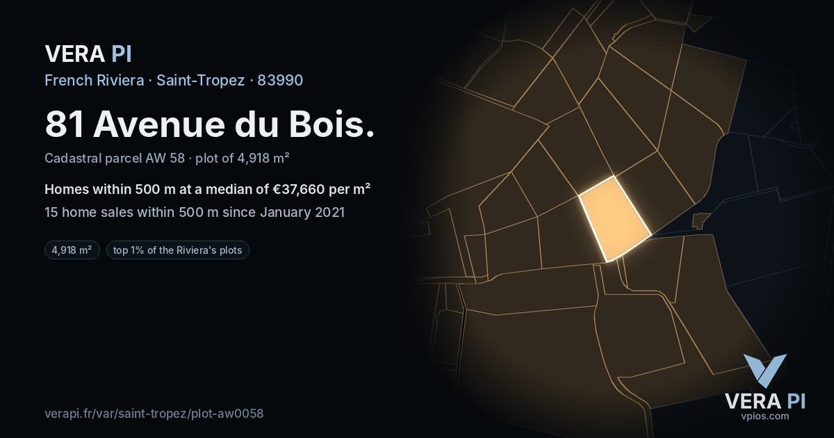 81 Avenue du Bois, Saint-Tropez at night – the plot lit, the parcels around coloured by the prices near them