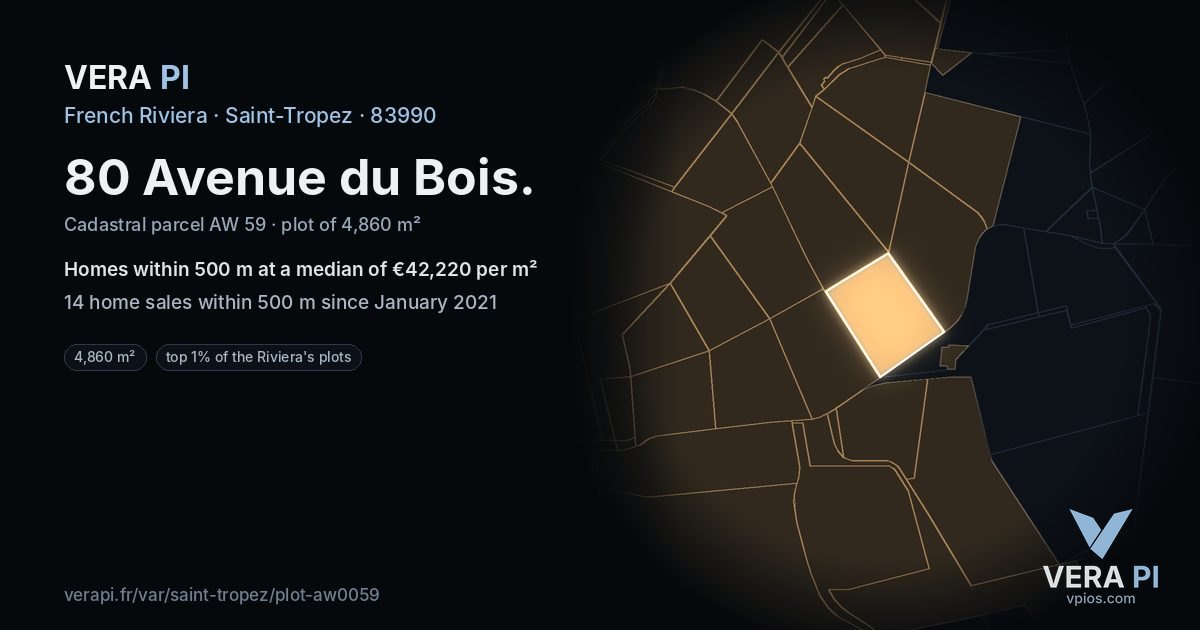 80 Avenue du Bois, Saint-Tropez at night – the plot lit, the parcels around coloured by the prices near them
