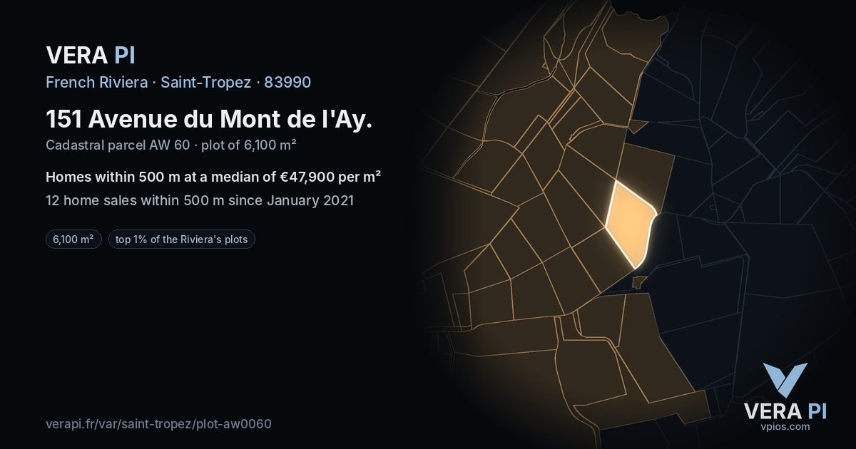 151 Avenue du Mont de l'Ay, Saint-Tropez at night – the plot lit, the parcels around coloured by the prices near them