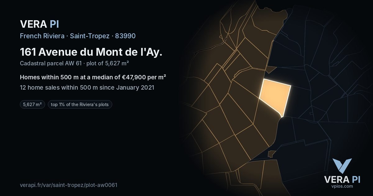 161 Avenue du Mont de l'Ay, Saint-Tropez at night – the plot lit, the parcels around coloured by the prices near them