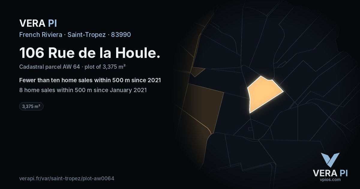 106 Rue de la Houle, Saint-Tropez at night – the plot lit, the parcels around coloured by the prices near them