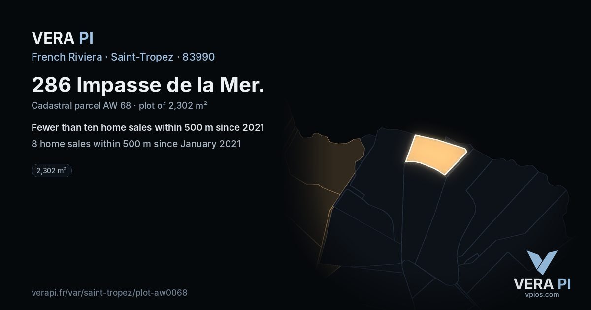 286 Impasse de la Mer, Saint-Tropez at night – the plot lit, the parcels around coloured by the prices near them