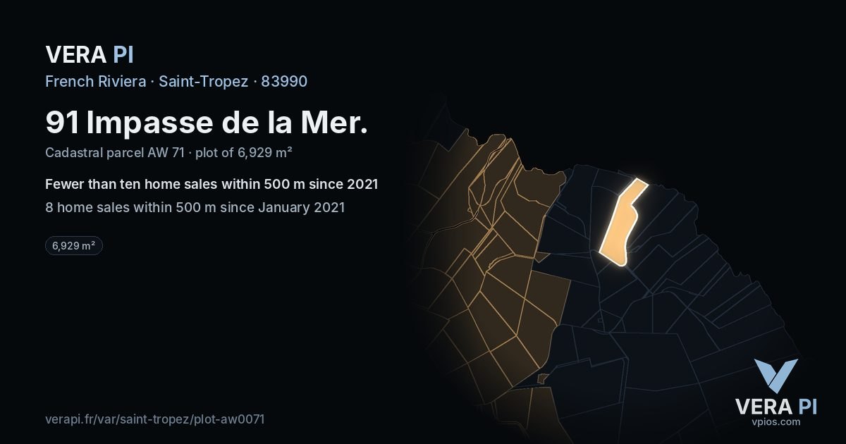 91 Impasse de la Mer, Saint-Tropez at night – the plot lit, the parcels around coloured by the prices near them