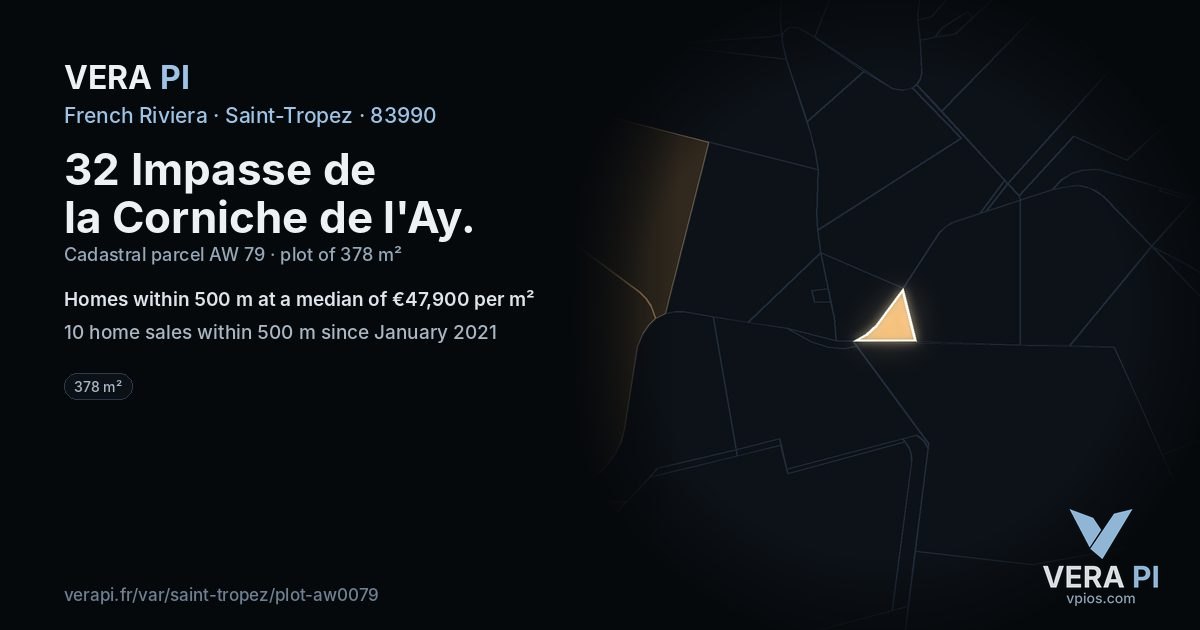 32 Impasse de la Corniche de l'Ay, Saint-Tropez at night – the plot lit, the parcels around coloured by the prices near them