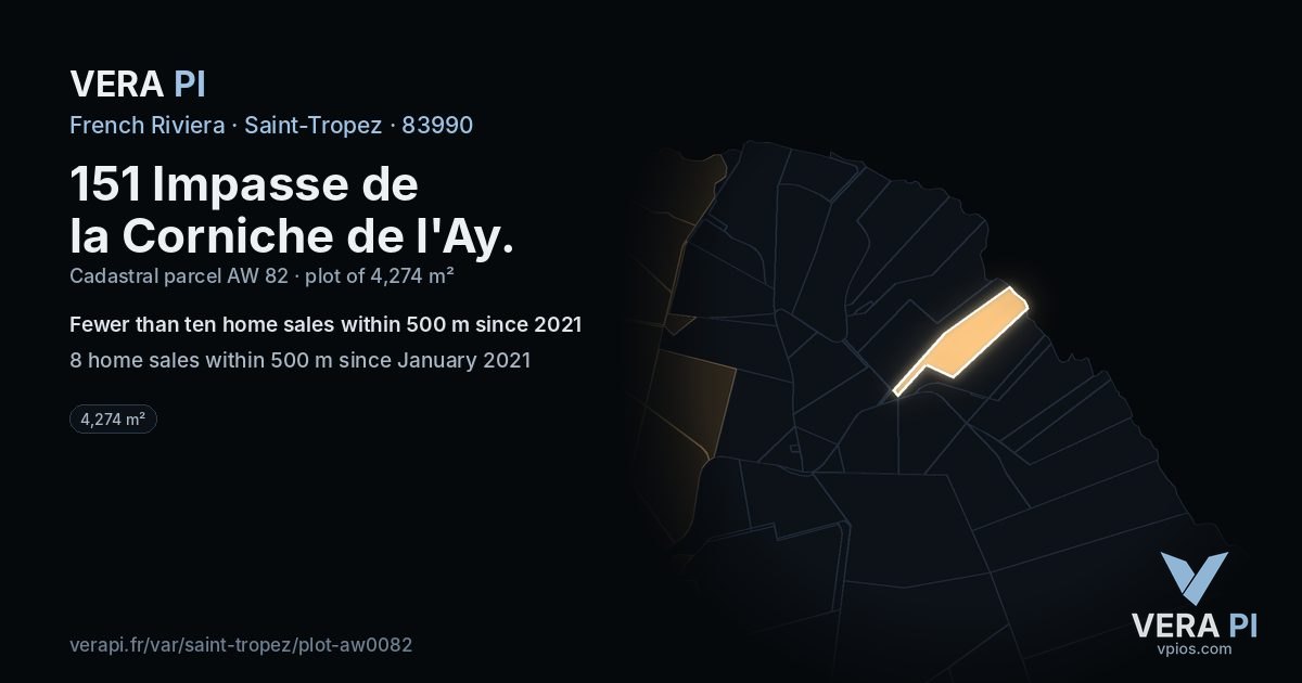 151 Impasse de la Corniche de l'Ay, Saint-Tropez at night – the plot lit, the parcels around coloured by the prices near them