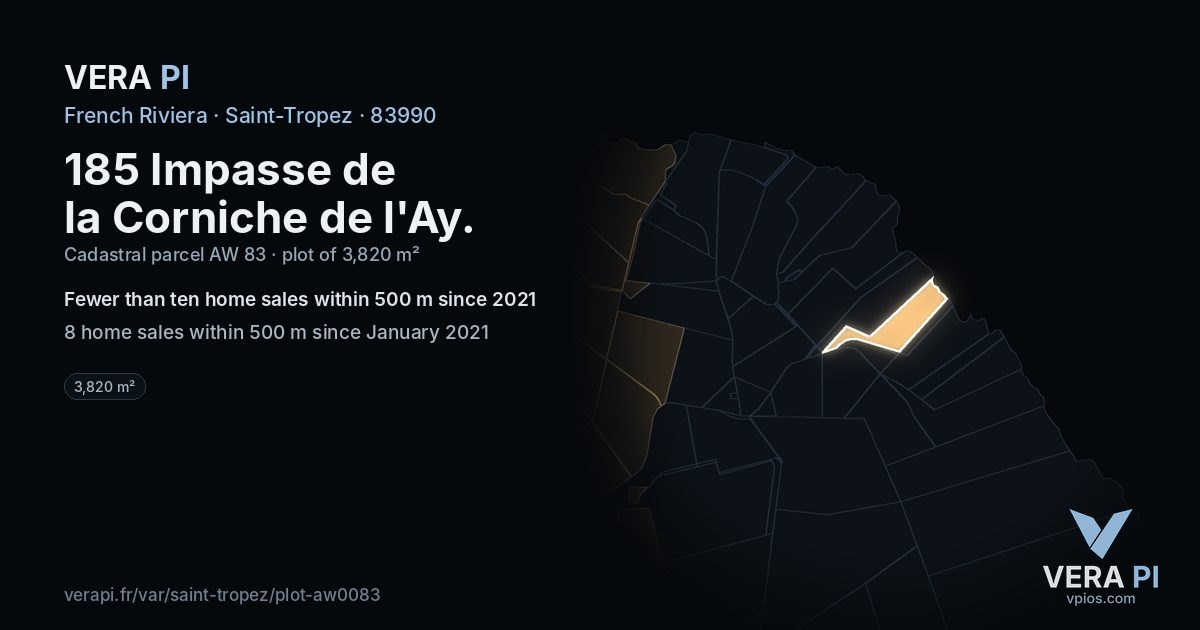 185 Impasse de la Corniche de l'Ay, Saint-Tropez at night – the plot lit, the parcels around coloured by the prices near them