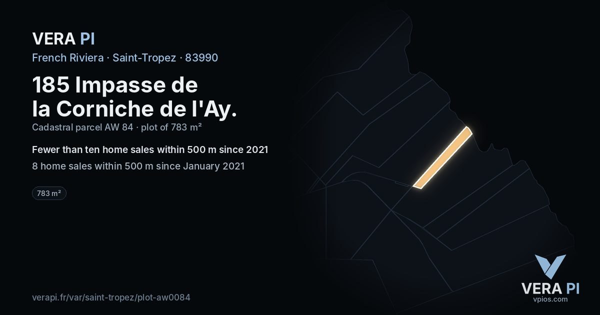 185 Impasse de la Corniche de l'Ay, Saint-Tropez at night – the plot lit, the parcels around coloured by the prices near them