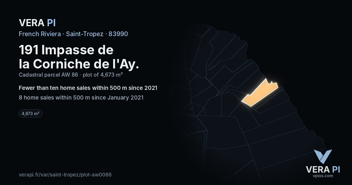 191 Impasse de la Corniche de l'Ay, Saint-Tropez at night – the plot lit, the parcels around coloured by the prices near them
