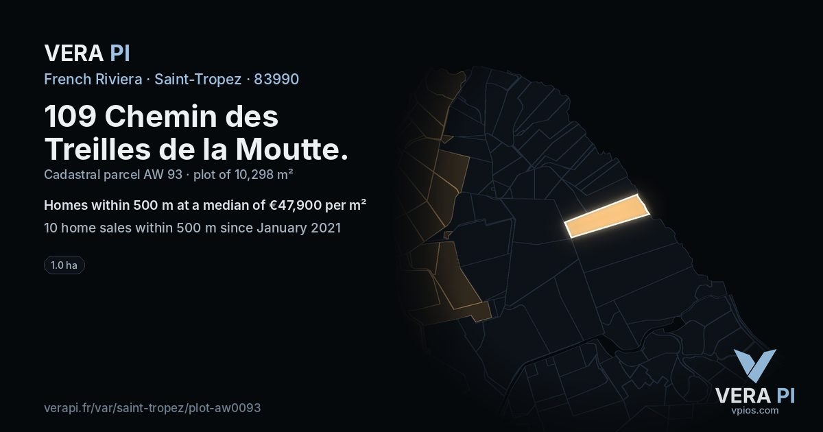 109 Chemin des Treilles de la Moutte, Saint-Tropez at night – the plot lit, the parcels around coloured by the prices near them