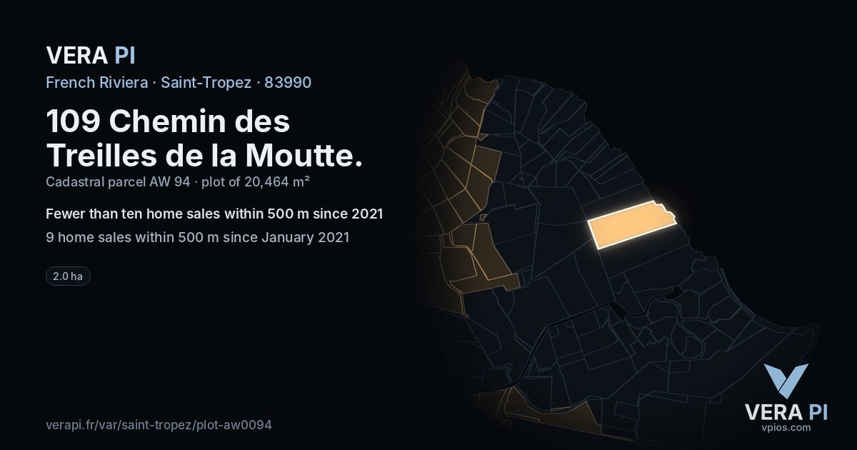 109 Chemin des Treilles de la Moutte, Saint-Tropez at night – the plot lit, the parcels around coloured by the prices near them