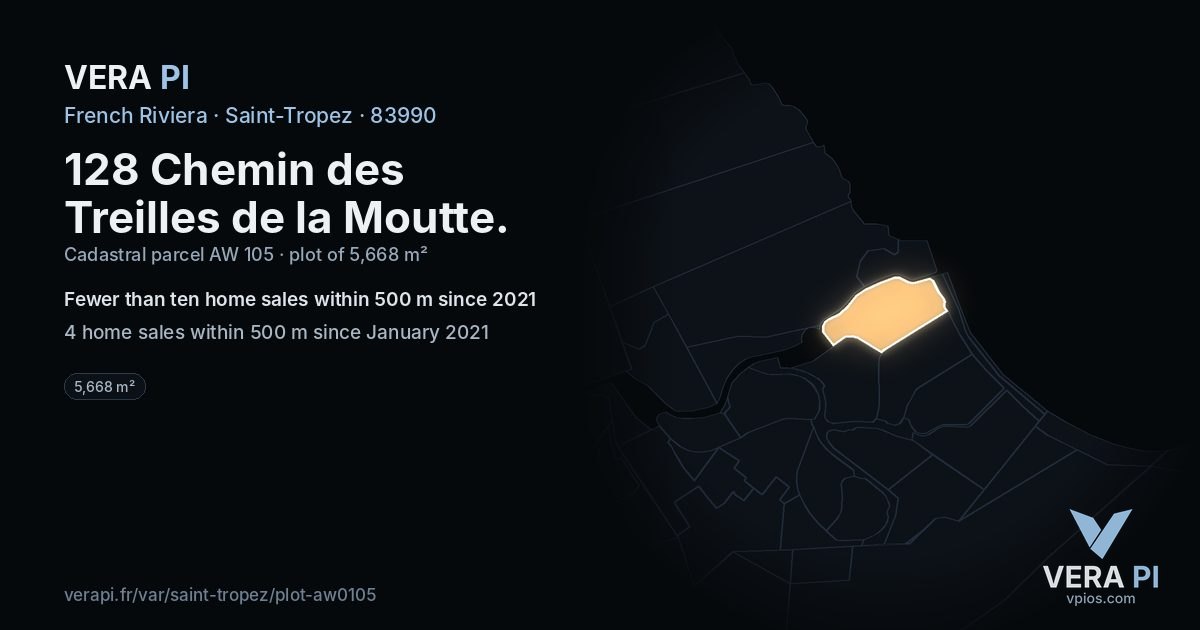 128 Chemin des Treilles de la Moutte, Saint-Tropez at night – the plot lit, the parcels around coloured by the prices near them
