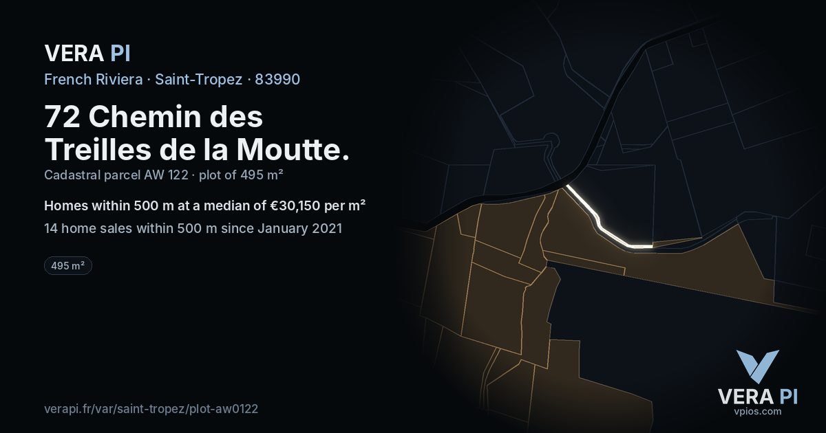 72 Chemin des Treilles de la Moutte, Saint-Tropez at night – the plot lit, the parcels around coloured by the prices near them