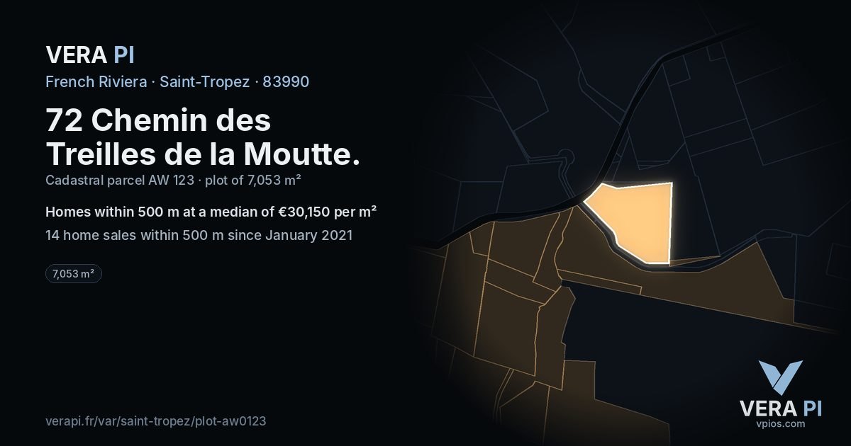 72 Chemin des Treilles de la Moutte, Saint-Tropez at night – the plot lit, the parcels around coloured by the prices near them