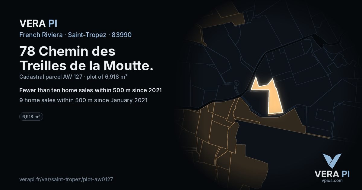 78 Chemin des Treilles de la Moutte, Saint-Tropez at night – the plot lit, the parcels around coloured by the prices near them