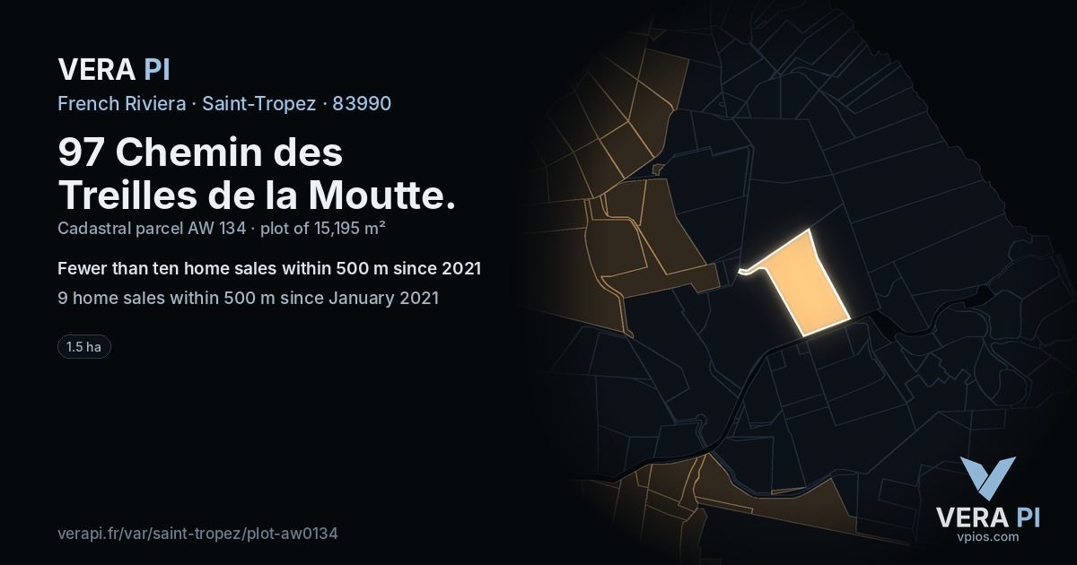 97 Chemin des Treilles de la Moutte, Saint-Tropez at night – the plot lit, the parcels around coloured by the prices near them