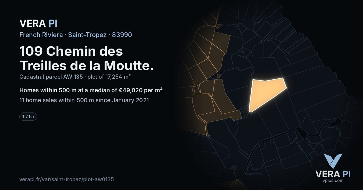 109 Chemin des Treilles de la Moutte, Saint-Tropez at night – the plot lit, the parcels around coloured by the prices near them