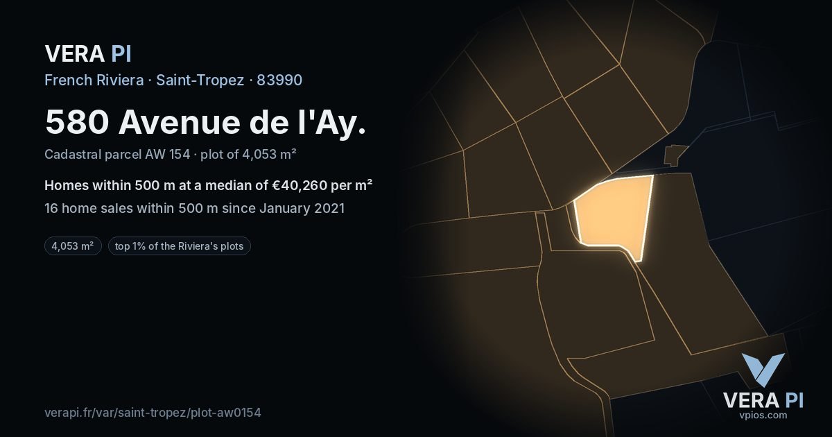 580 Avenue de l'Ay, Saint-Tropez at night – the plot lit, the parcels around coloured by the prices near them