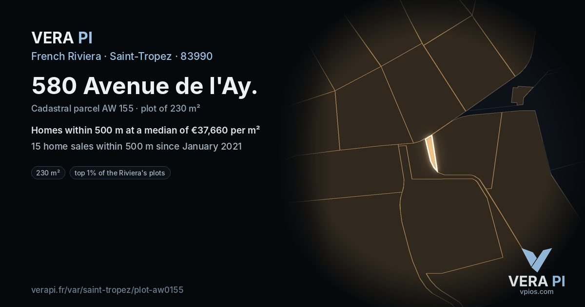 580 Avenue de l'Ay, Saint-Tropez at night – the plot lit, the parcels around coloured by the prices near them