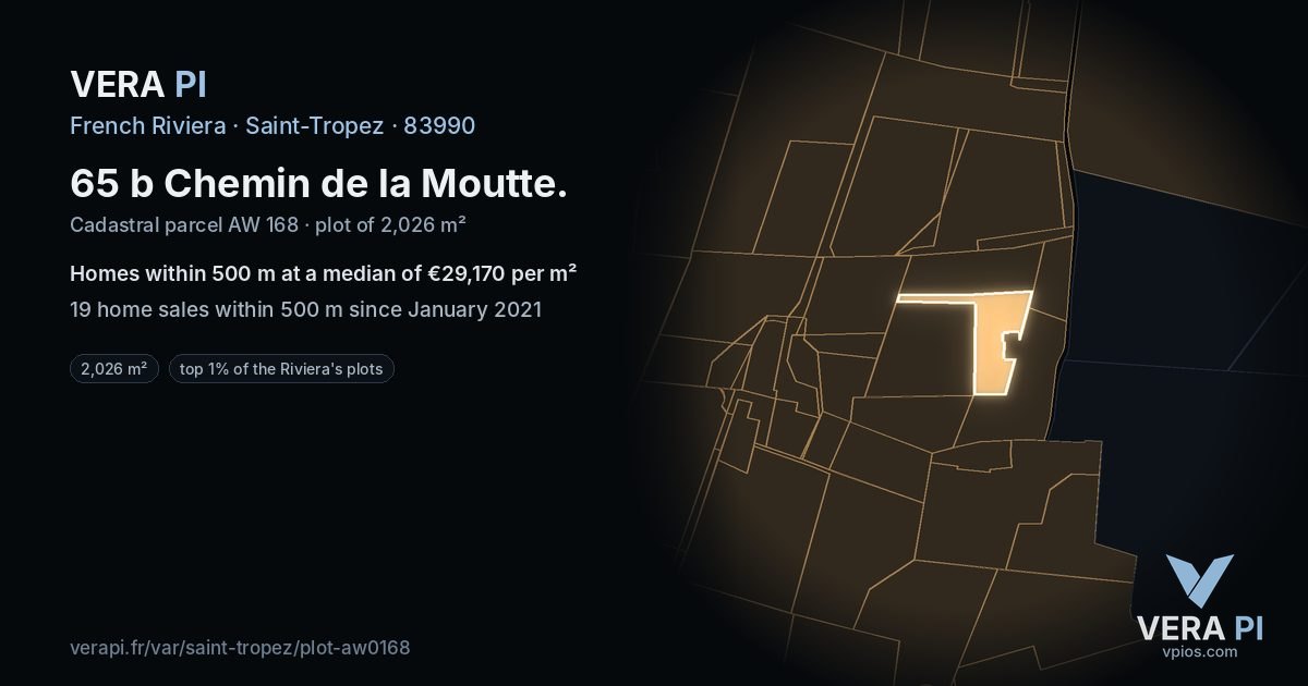65 b Chemin de la Moutte, Saint-Tropez at night – the plot lit, the parcels around coloured by the prices near them