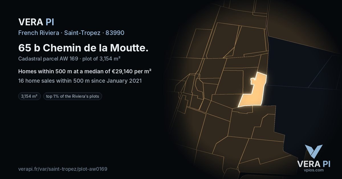 65 b Chemin de la Moutte, Saint-Tropez at night – the plot lit, the parcels around coloured by the prices near them