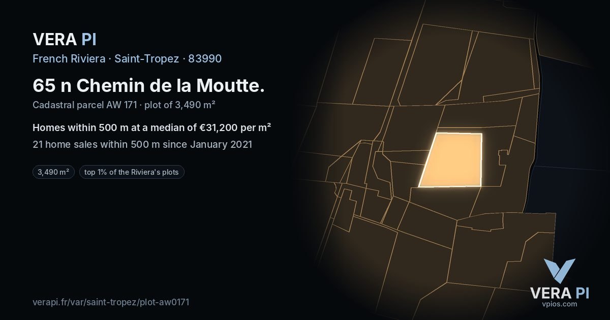 65 n Chemin de la Moutte, Saint-Tropez at night – the plot lit, the parcels around coloured by the prices near them