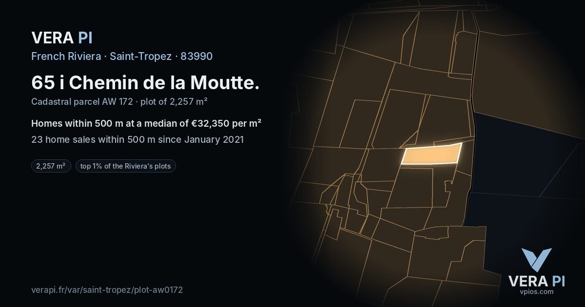 65 i Chemin de la Moutte, Saint-Tropez at night – the plot lit, the parcels around coloured by the prices near them