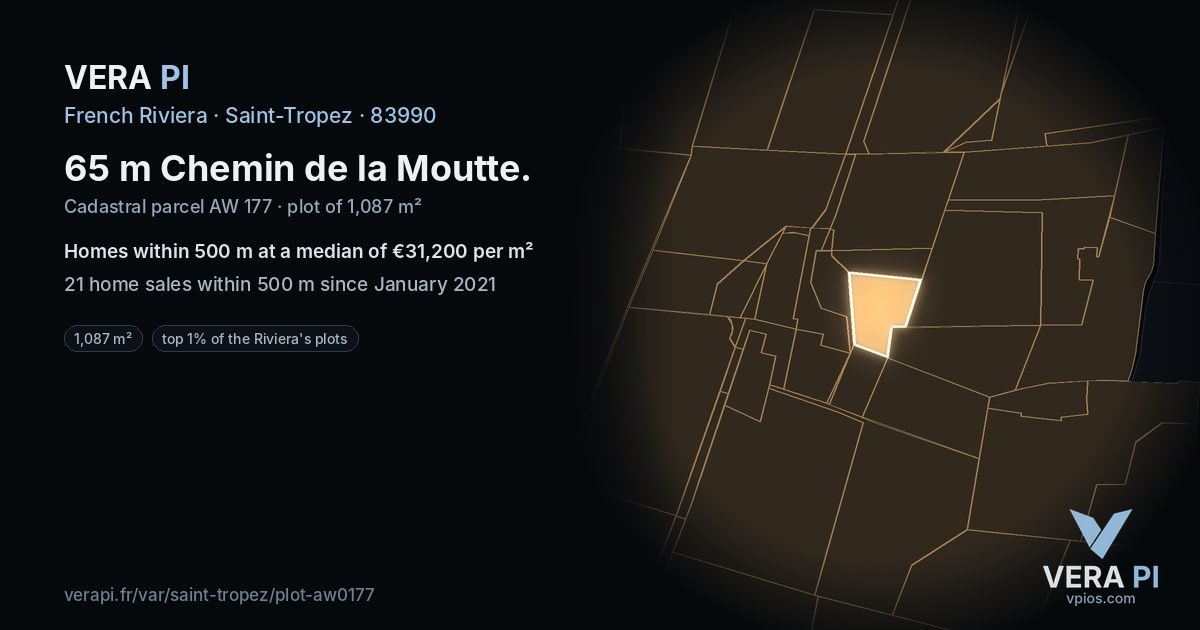 65 m Chemin de la Moutte, Saint-Tropez at night – the plot lit, the parcels around coloured by the prices near them